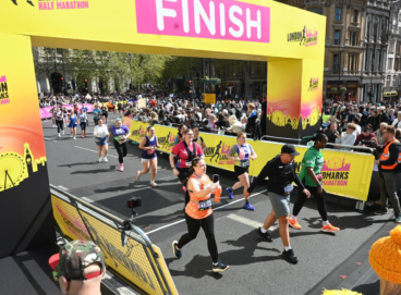 Challengers runner at the 2026 London Landmarks half marathon crossing the finish line